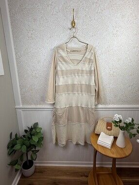 Cynthia Ashby Beige and Cream 100% Linen V-Neck Maxi Dress - Size - Medium